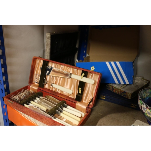 306 - Cased and loose silver-plated flatware, a hip flask, a boxed Ronson Fastnet lighter, etc