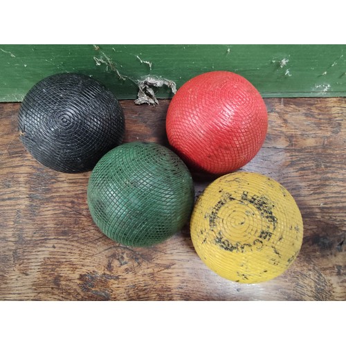 567 - Jaques of London part croquet set in wooden chest with applied stencil trademark comprising four mal... 