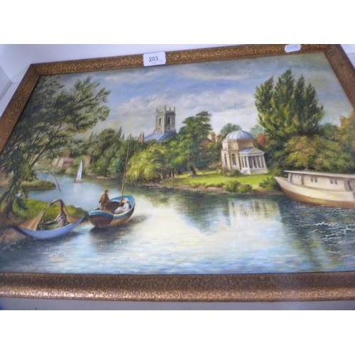 208 - Modern wall clock and a picture signed Mary Smith depicting boats on a canal, signed and dated 1954.... 