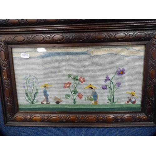 214 - Pair of framed needlepoint embroideries and a watercolour of a church scene.  (3)