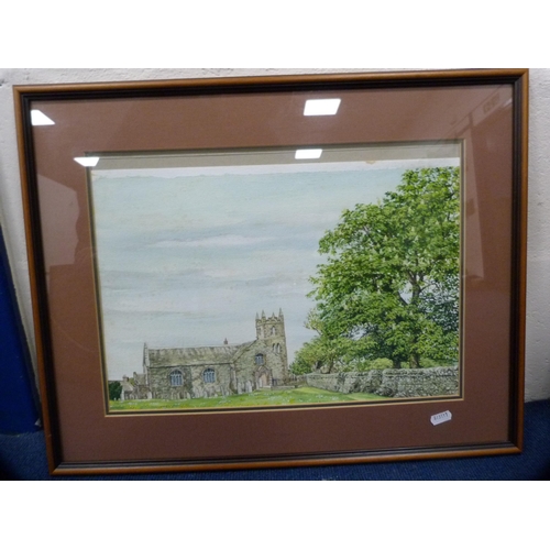 214 - Pair of framed needlepoint embroideries and a watercolour of a church scene.  (3)