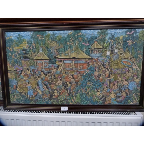 215 - Pair of modern Indian-style canvasses, both depicting figures in marketplace.