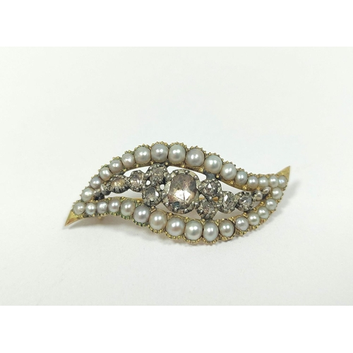 64A - Georgian gold and diamond brooch of waved pointed shape with nine rose diamonds and a border of pear... 