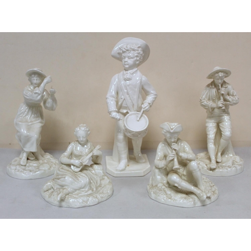 472 - Royal Worcester white porcelain figure of a boy with a drum, 20cm high and two other pairs of figure... 