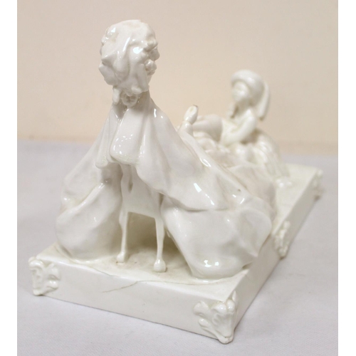 473 - Royal Worcester white porcelain figure group of a lady and her attendant on rectangular plinth base.... 