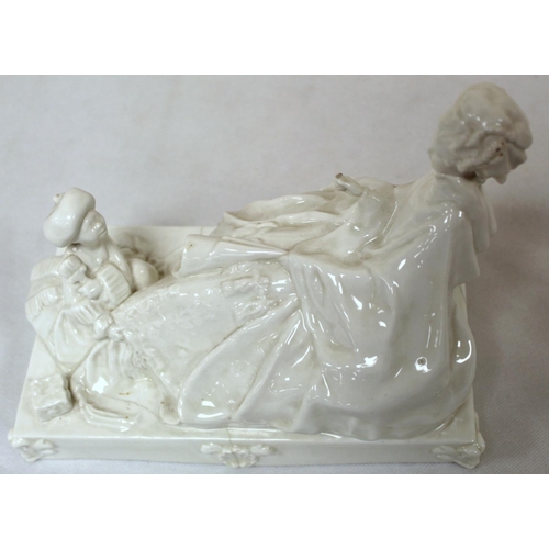 473 - Royal Worcester white porcelain figure group of a lady and her attendant on rectangular plinth base.... 