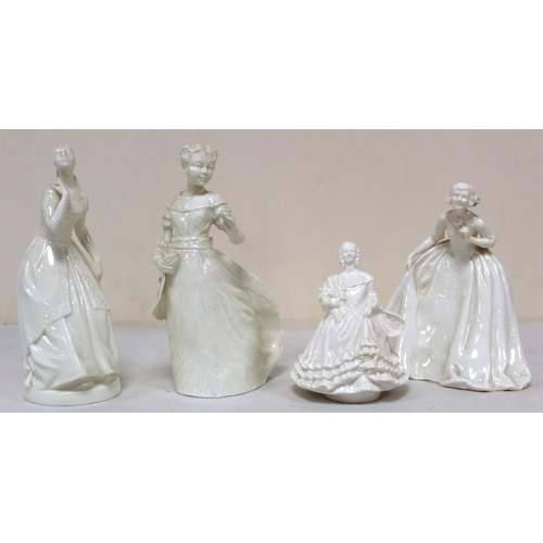 475 - Four Royal Worcester white porcelain figures of ladies, 2x 17.5cm high, the others 15cm and 11cm. (4... 