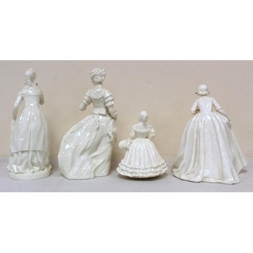 475 - Four Royal Worcester white porcelain figures of ladies, 2x 17.5cm high, the others 15cm and 11cm. (4... 