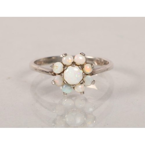 115 - Silver and opal set flower head cluster ring; ring size M