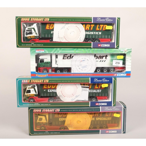 219 - Four boxed Eddie Stobart Corgi die cast model lorries; CC13801; 75804; CC12401 & 75601 (4)