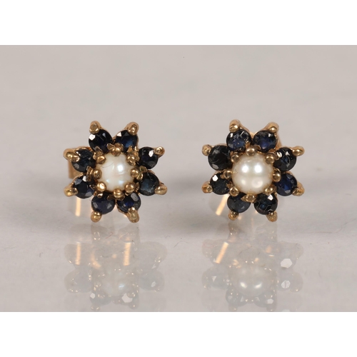 58 - Pair of sapphire and pearl set cluster earrings