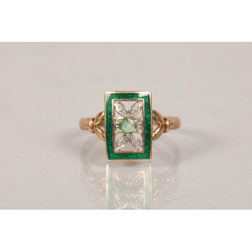 66 - Art Deco 9 carat yellow gold diamond and enamel set ring; ring size N; 2.4g gross weight