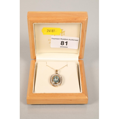 81 - 9 carat yellow gold mounted Aquamarine set oval pendant; on a 9 carat yellow gold tracelink chain; 3... 