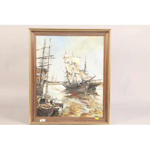 373 - Robin Miller ' Ships' oil on board  48 x 59cm (59 x 68cm including frame)