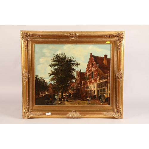 393 - P J Berkely ' Flemish town scene' Oleograph in gilt frame 59 x 48cm (68 x 67cm including frame)