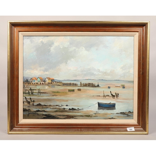 364 - Andre Jourcin (1905 - 1974; French); Low Tide; ships moored on the beach; oil on canvas; signed and ... 