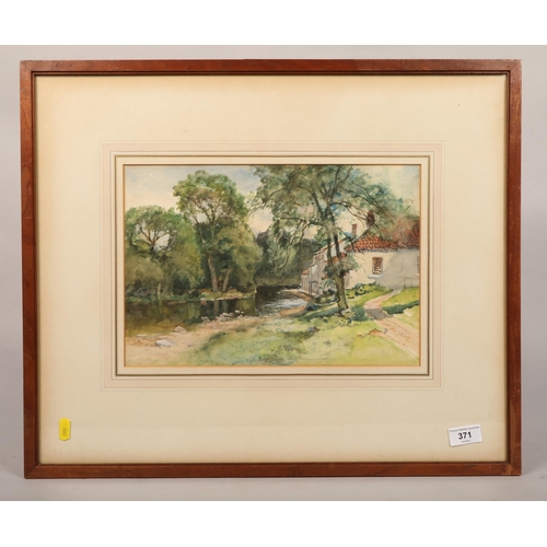 371 - Unsigned; Farm by the River; watercolour on paper; framed; 23cm x 35cm (49cm x 58cm)