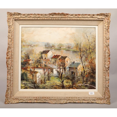 372 - Lucian Delarue; French villages by the river; oil on canvas; signed; 45cm x 54cm (64cm x 72cm)