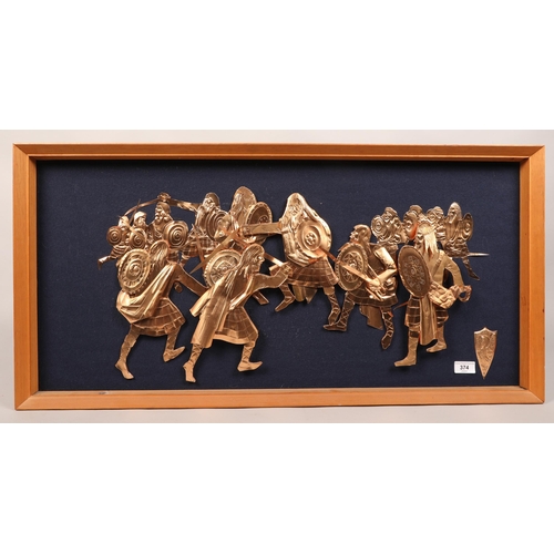 374 - Applied copper picture of Vikings fighting; framed; 39cm x 86cm (45cm x 91cm)