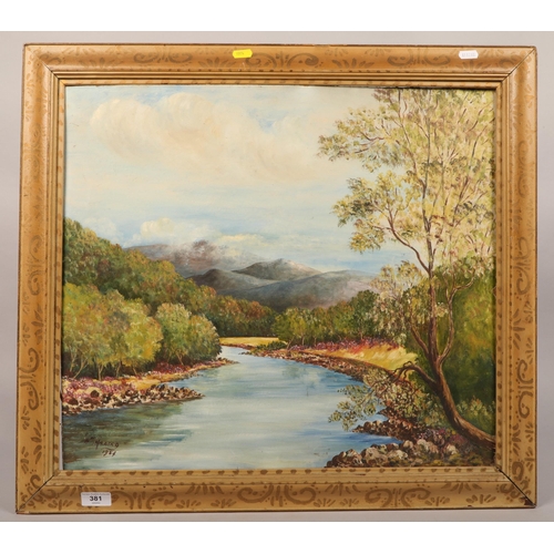 381 - William Haining 'River and Mountains' 1954, signed, oil on board ' 56 x 49 cm (68 x 62 cm in painted... 