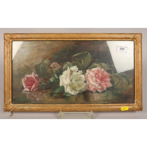 390 - J W ' Rose still life' signed JW 1911 in lower corner, oil on canvas,   41 x 20 cm ( 47 x ... 