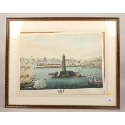 394 - City and Port of Leghorn in Tuscany; produced by James B. Harraden; coloured print; framed; 42cm x 5... 