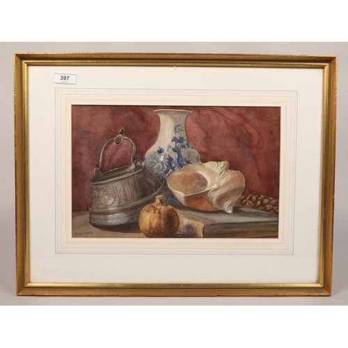 397 - E McLeod; Still Life; watercolour on paper; signed and framed; 24cm x 37cm (33cm x 57cm)