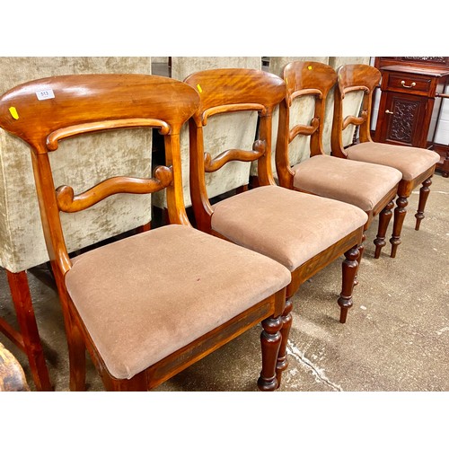 513 - Set of four walnut framed Regency style chairs; raised on turned supportd