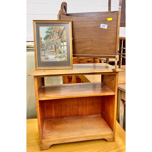 510 - Mahogany magazine rack; together with a small beech open bookcase; raised on bracket feet