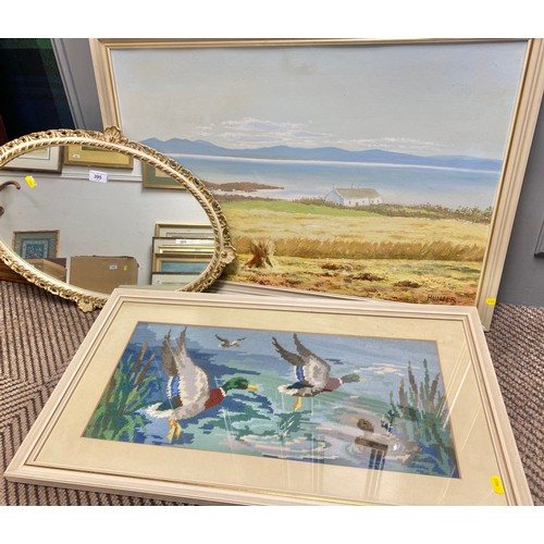 395 - Composition framed mirror; framed tapestry of flying ducks and a framed oil on canvas (3)