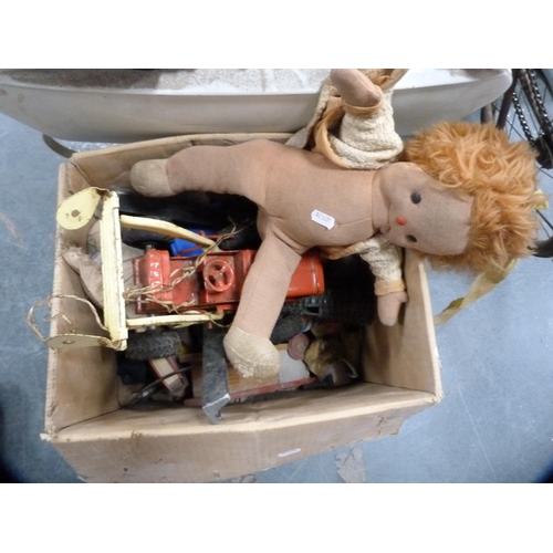 101 - Vintage Tri-ang doll's pram, pull-along horse toy, two painted doll's cots, a toy cannon and a toy t... 