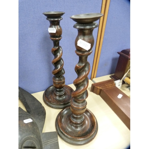 12 - Inlaid mahogany wall barometer, pair of oak spiral candlesticks and a copper bed warming pan.  (4)