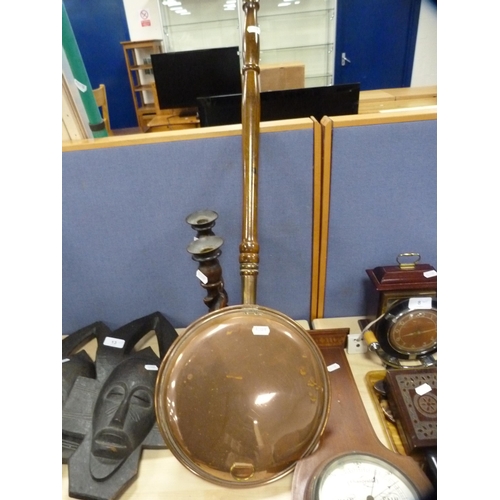 12 - Inlaid mahogany wall barometer, pair of oak spiral candlesticks and a copper bed warming pan.  (4)