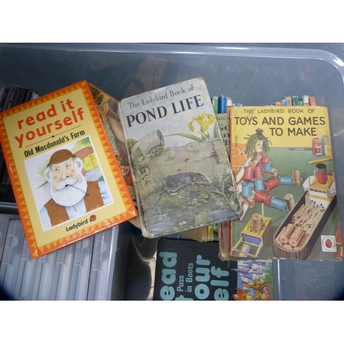 142 - Carton containing assorted childrens' books to include Ladybird books, also CDs and Nintendo DS game... 