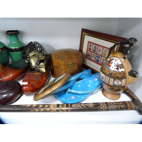 151 - Assorted collectables to include hardwood vase stands, stick, Chinese-style shoes, Dutch-style clogs... 