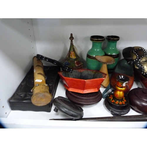 151 - Assorted collectables to include hardwood vase stands, stick, Chinese-style shoes, Dutch-style clogs... 