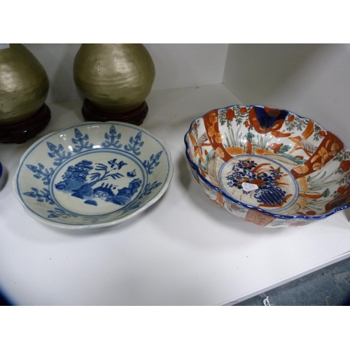 152 - Pair of Qianlong style vases on hardwood stands, Chinese blue and white bowl, Imari floral decorated... 