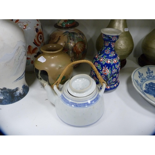 152 - Pair of Qianlong style vases on hardwood stands, Chinese blue and white bowl, Imari floral decorated... 