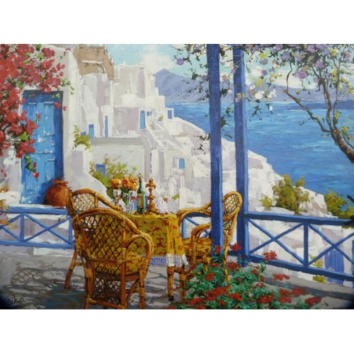 153 - Limited edition giclée on canvas, 'Three for Santorini', indistinctly signed, and a print of ... 