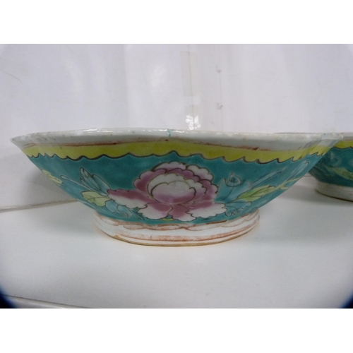 157 - Group of Chinese and oriental porcelain to include a pair of famille rose turquoise glazed bowls wit... 