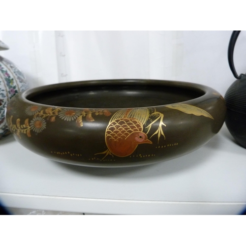 158 - Japanese Shibayama-style brown-glazed bowl, modern Chinese famille rose vase and cover and a Chinese... 