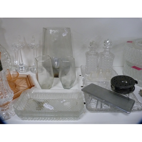 160 - Group of pressed glass to include bowls, vases, Art Deco-style dressing table set, sugar sifter, pap... 