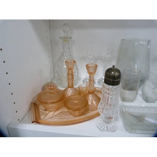 160 - Group of pressed glass to include bowls, vases, Art Deco-style dressing table set, sugar sifter, pap... 