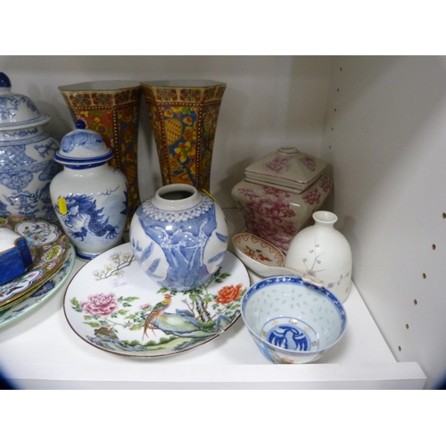 161 - Assorted oriental ceramics to include planters, bowls, plates, ginger jar, vases and covers, tea bow... 