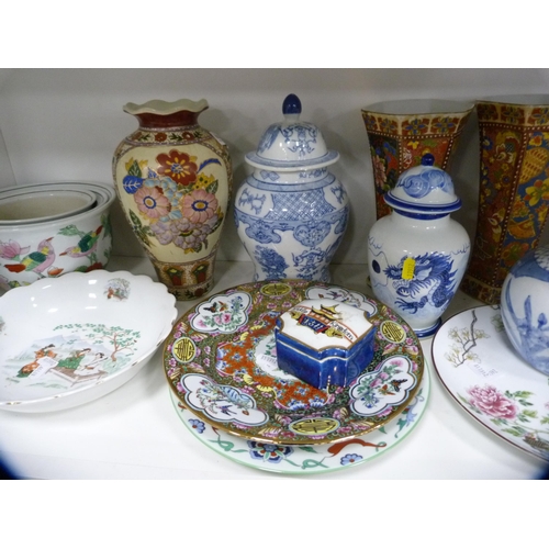 161 - Assorted oriental ceramics to include planters, bowls, plates, ginger jar, vases and covers, tea bow... 