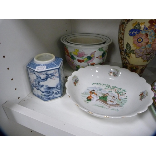 161 - Assorted oriental ceramics to include planters, bowls, plates, ginger jar, vases and covers, tea bow... 