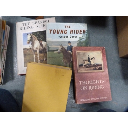 17 - Two cartons of assorted books to include horse riding, Horse World magazines, History of Furniture a... 