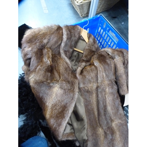 18 - Carton containing fur coat, fur cape retailed by John Logan of Glasgow, feather boa, silk bodice etc... 