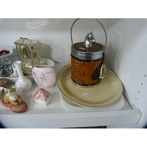 180 - Modern biscuit barrel with horse surmount, modern quartz mantel clocks, Royal Worcester 'Evesham' pa... 