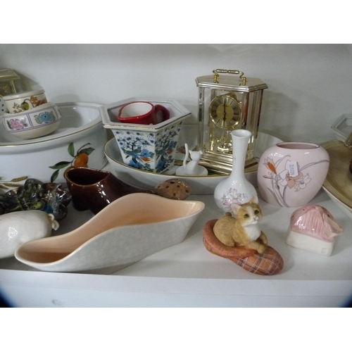 180 - Modern biscuit barrel with horse surmount, modern quartz mantel clocks, Royal Worcester 'Evesham' pa... 